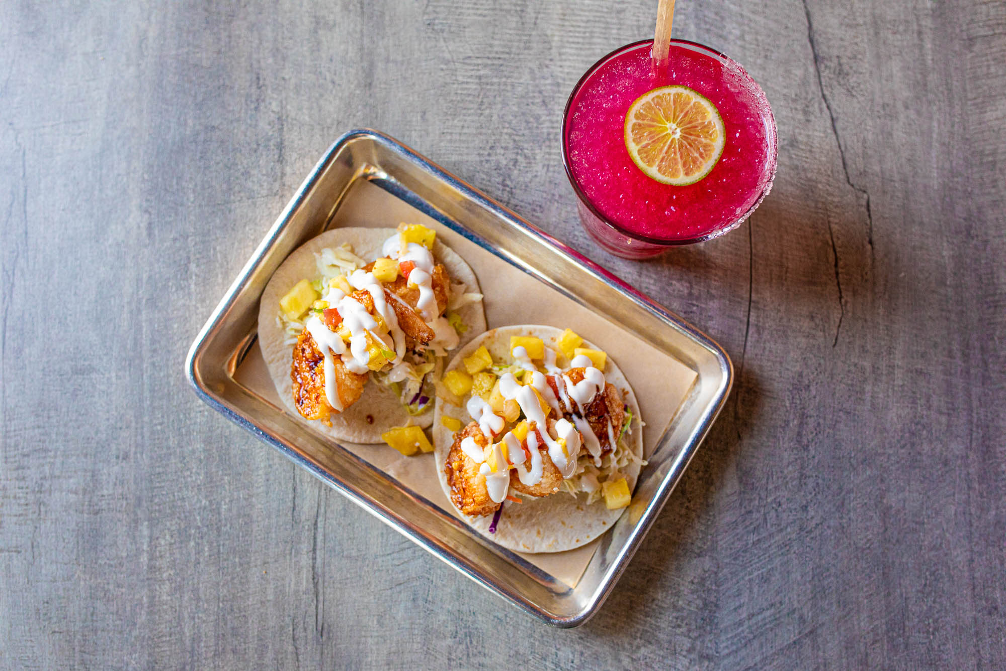 Adobo Honey Shrimp Tacos and a cocktail
