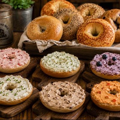Variety of bagels topped with a diverse selection of cream cheese spreads.