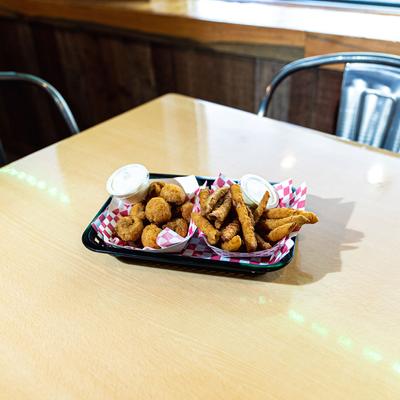 Breaded and deep fried mushrooms and pickles, with dipping sauces