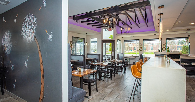 Interior, diner tables, chairs, entrance