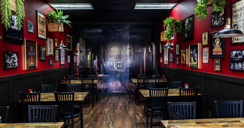 Interior, tables and chairs lined up