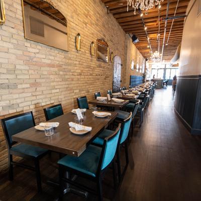 Interior, lined up tables ready for guests