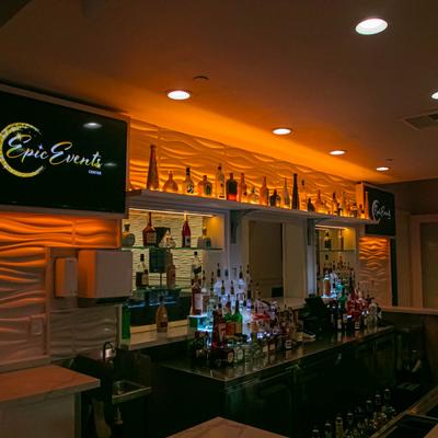 Assorted liquor bottles.