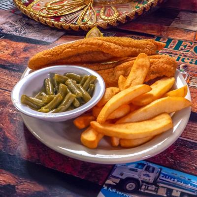 Fried Catfish served with fries and green beans.