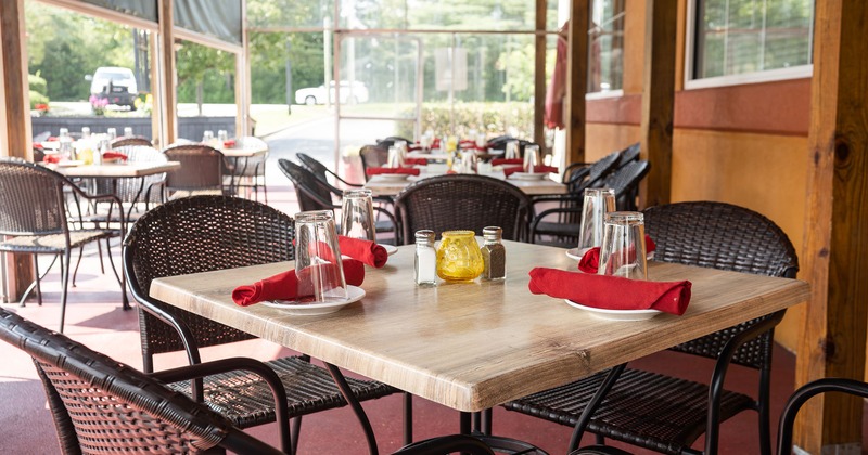 Covered patio, dining set table close up