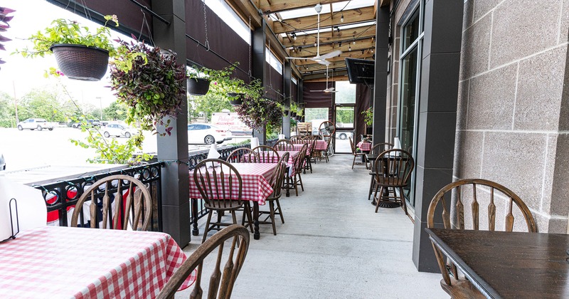 Outdoor seating area, tables and chairs