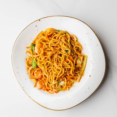 Stir fried noodles with shrimp.