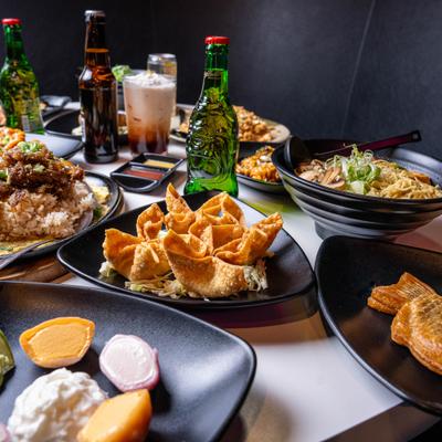 Assorted food and drinks.