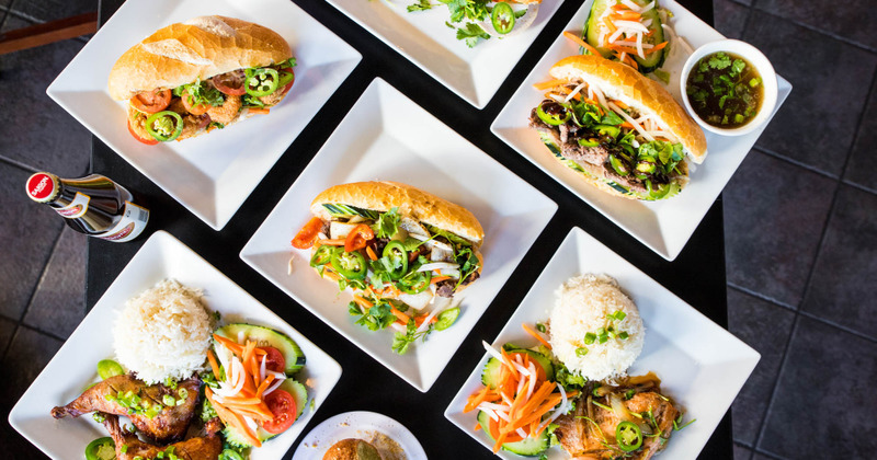 Different types of food on the table, sandwiches, salads