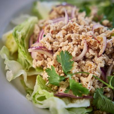 Thai ground chicken salad with lettuce, onion and herbs, close-up.