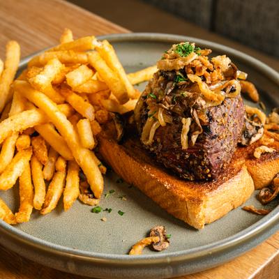 Steak and Chips dish, close-up.