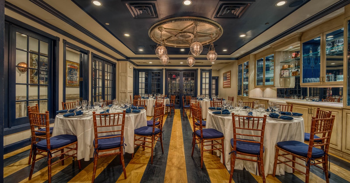 A large dining hall, tables and chairs