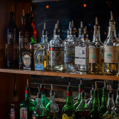 Bar shelves with spirits.