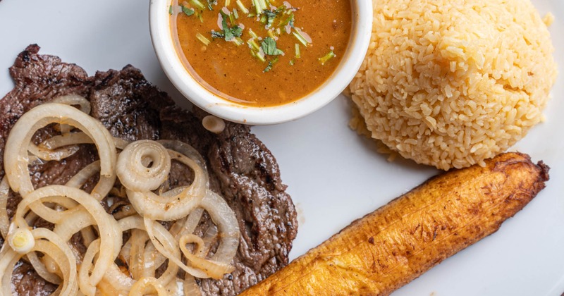 Grilled Steak Plate with sides, top view