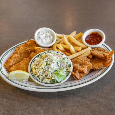 Seafood Combo - fried fish and shrimp, coleslaw, lemon wedge and french fries.