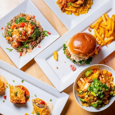 Assortment of dishes, top view.