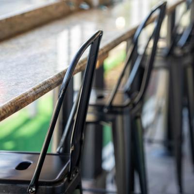 Interior, high table and chairs.
