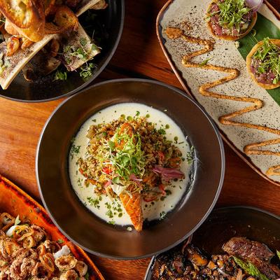 Assorted food dishes, top view.