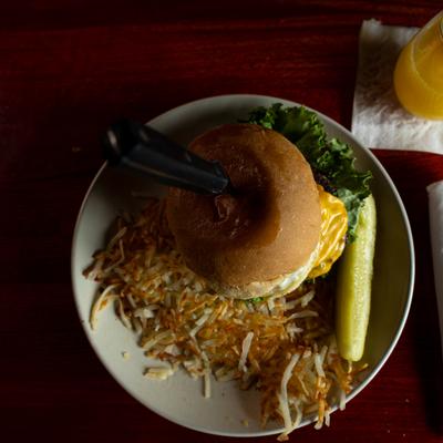Burger and hash browns.