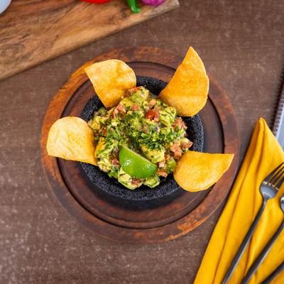 Guacamole and tortilla chips.