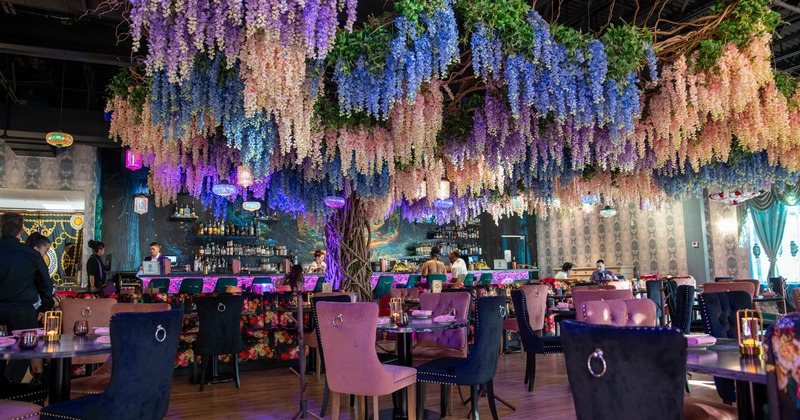 Interior, seating area with flower decoration on the ceiling