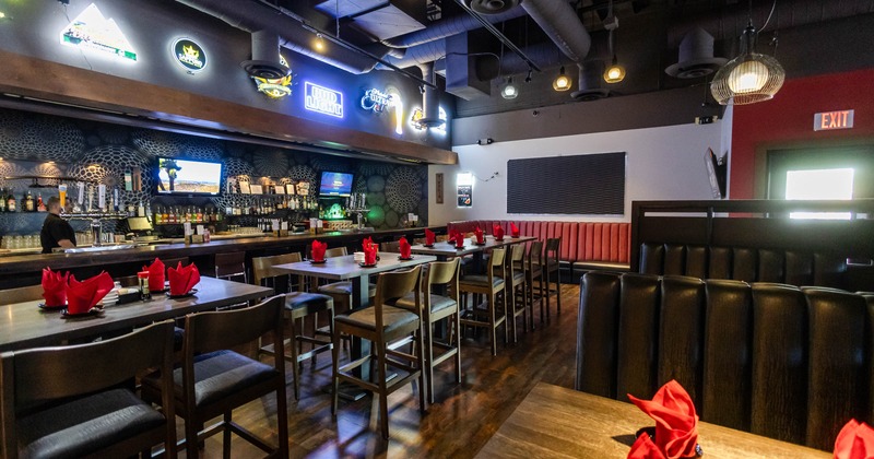 Interior, high tables and chairs in dining area