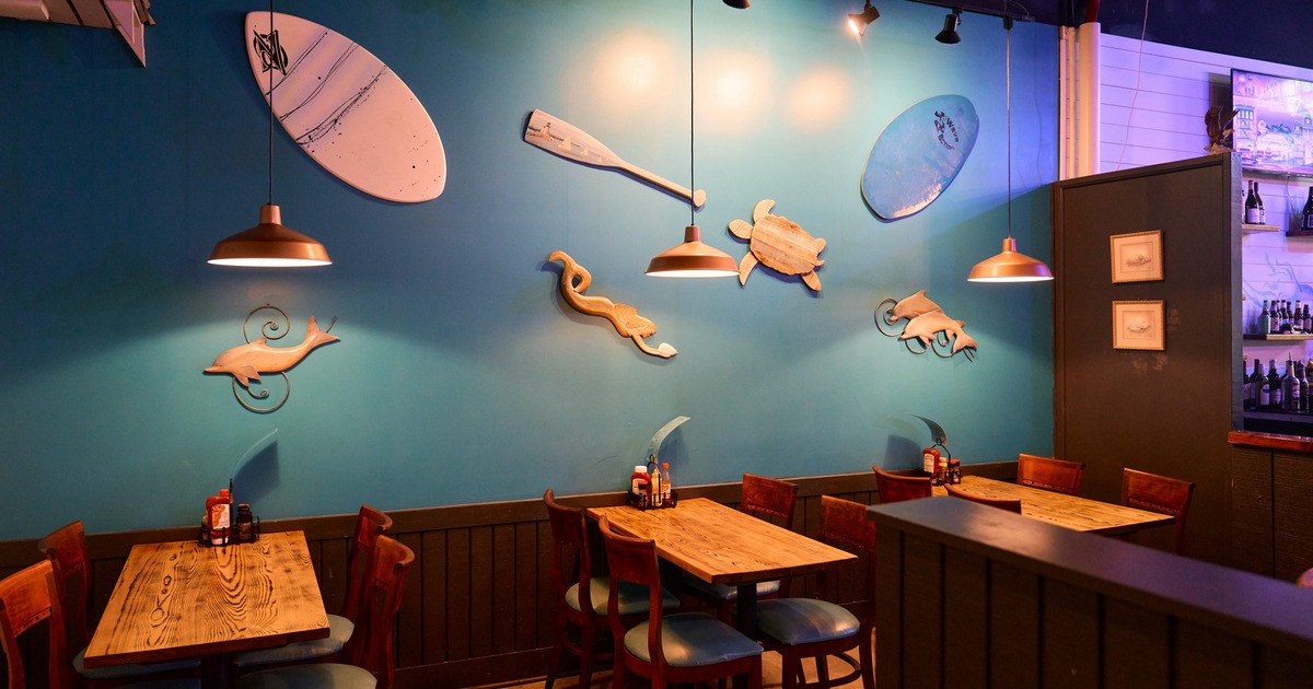 Interior, dining area with colorful walls