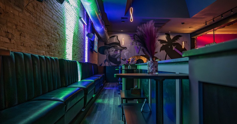 Interior, leather booths with tables