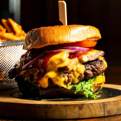 Cheeseburger on serving board