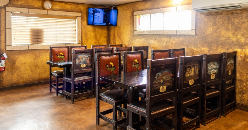 Interior, wooden tables and chairs