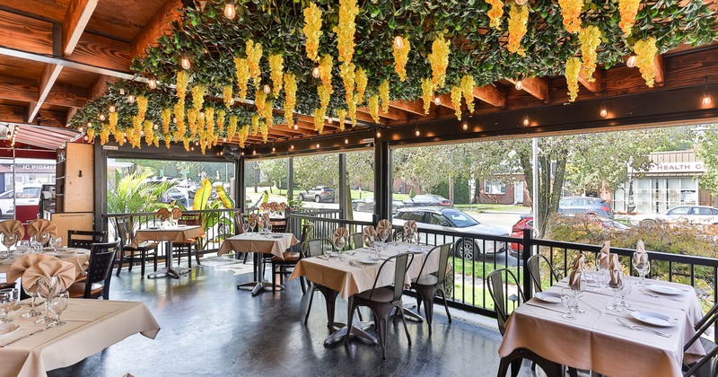Exterior, patio, chairs and tables ready for guests, floral decoration on the ceiling