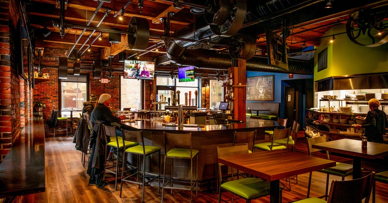 Bar area, bar, chairs, tables