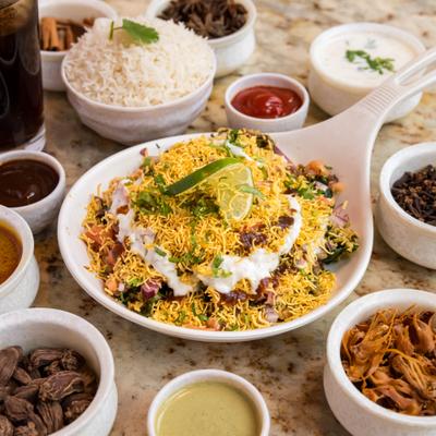 Many different foods, served.