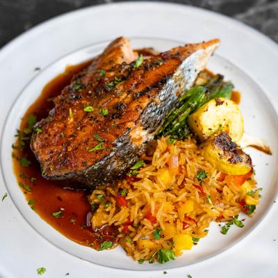 Pan seared salmon and mango fried rice.