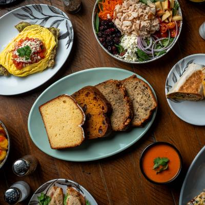 Sweet bread and other meals on the table.