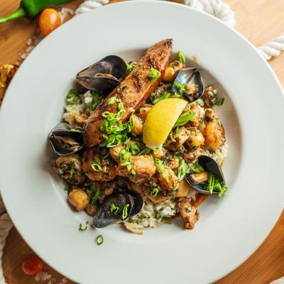 Mixed seafood and sausage Jambalaya.