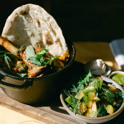 Braised Lamb Shank for two, angled view.