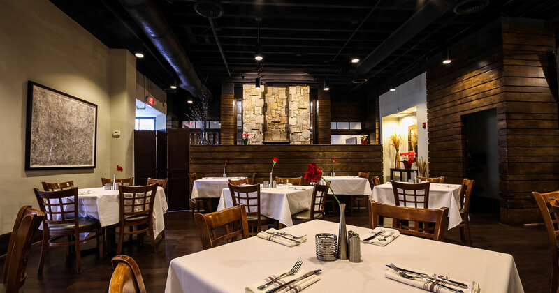 Interior, front desk counter and set dining area