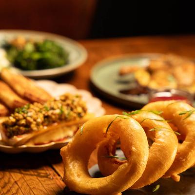 Onion rings and various food.