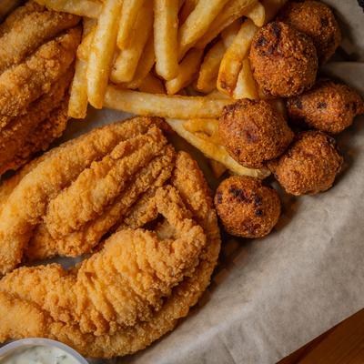 Fresh USA catfish, served, top view, closeup