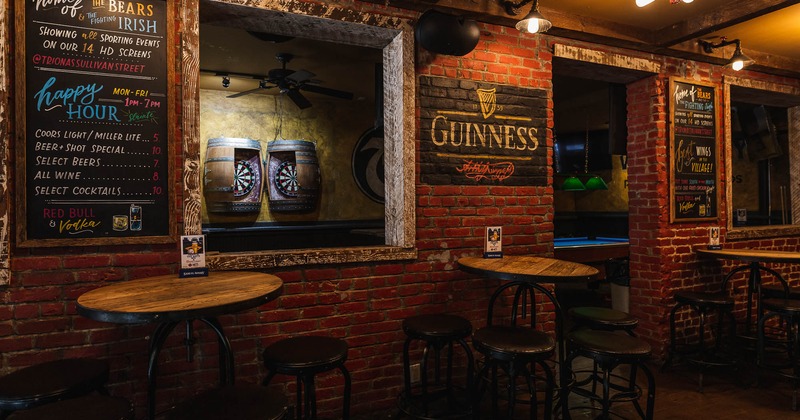 Interior, high tables for two by the wall