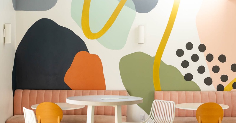 Interior, minimalistic colorful seating space