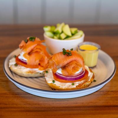 Smoked salmon benedicts, served, front view.