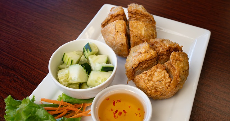 Fried Chicken Meatballs, with sweet and sour sauce, and salad