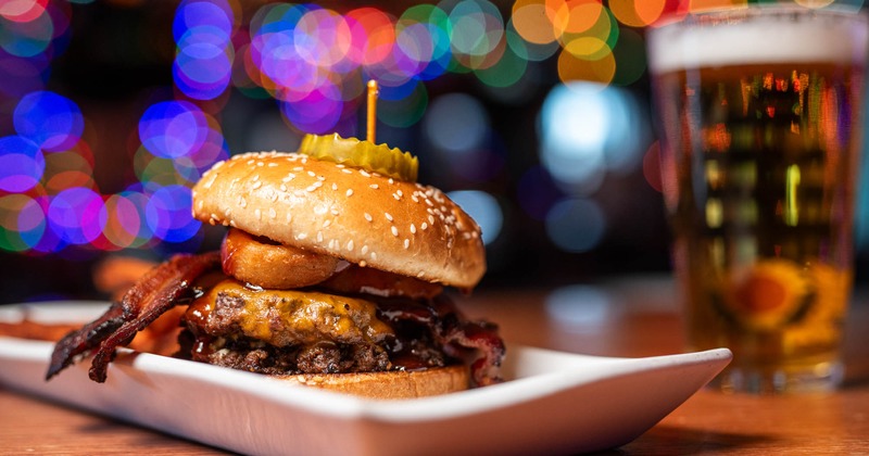 Bacon BBQ cheeseburger, with onion rings