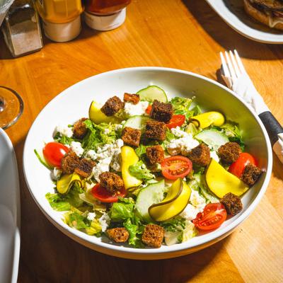 Pickle salad, served, top view.
