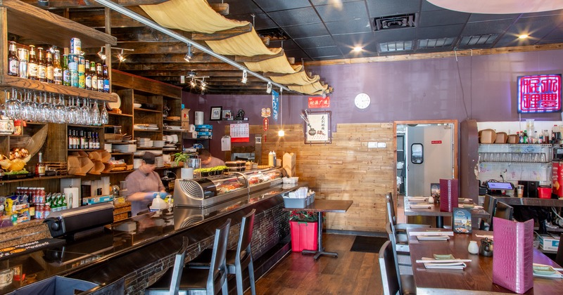 Interior space, sushi bar and dining area