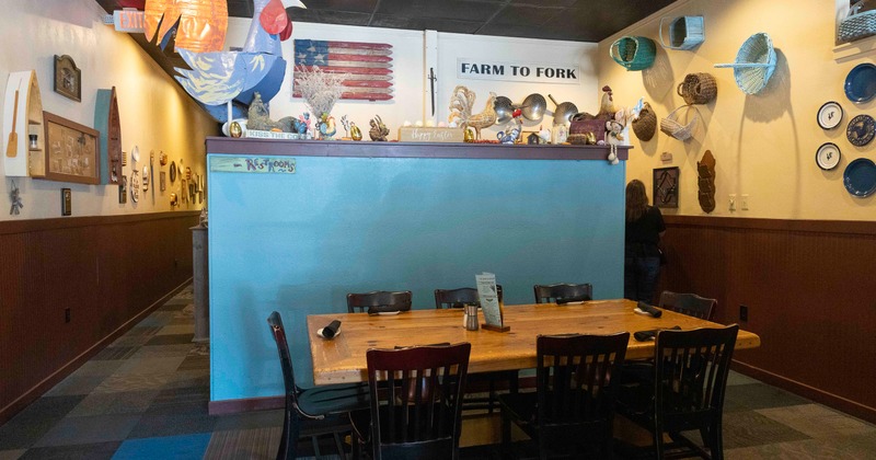 Dining table, chairs, rooster figurine above