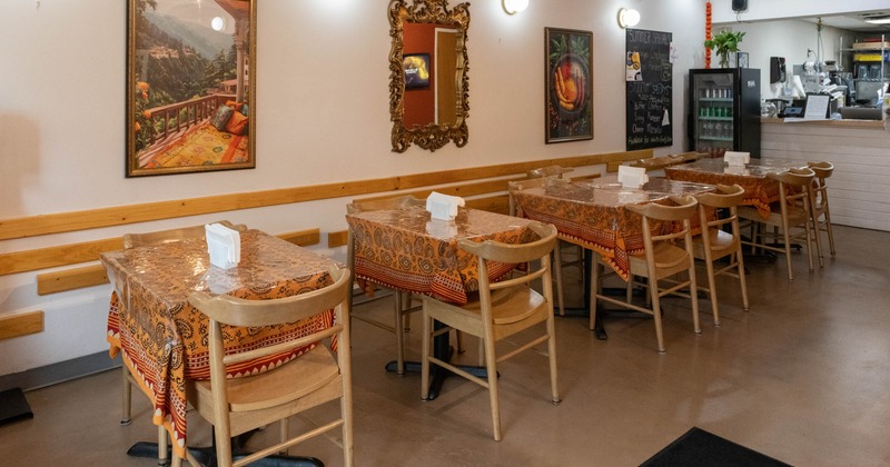 Interior, tables and chairs lined up