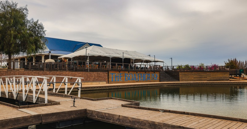 Exterior, restaurant, part of boat marine in front